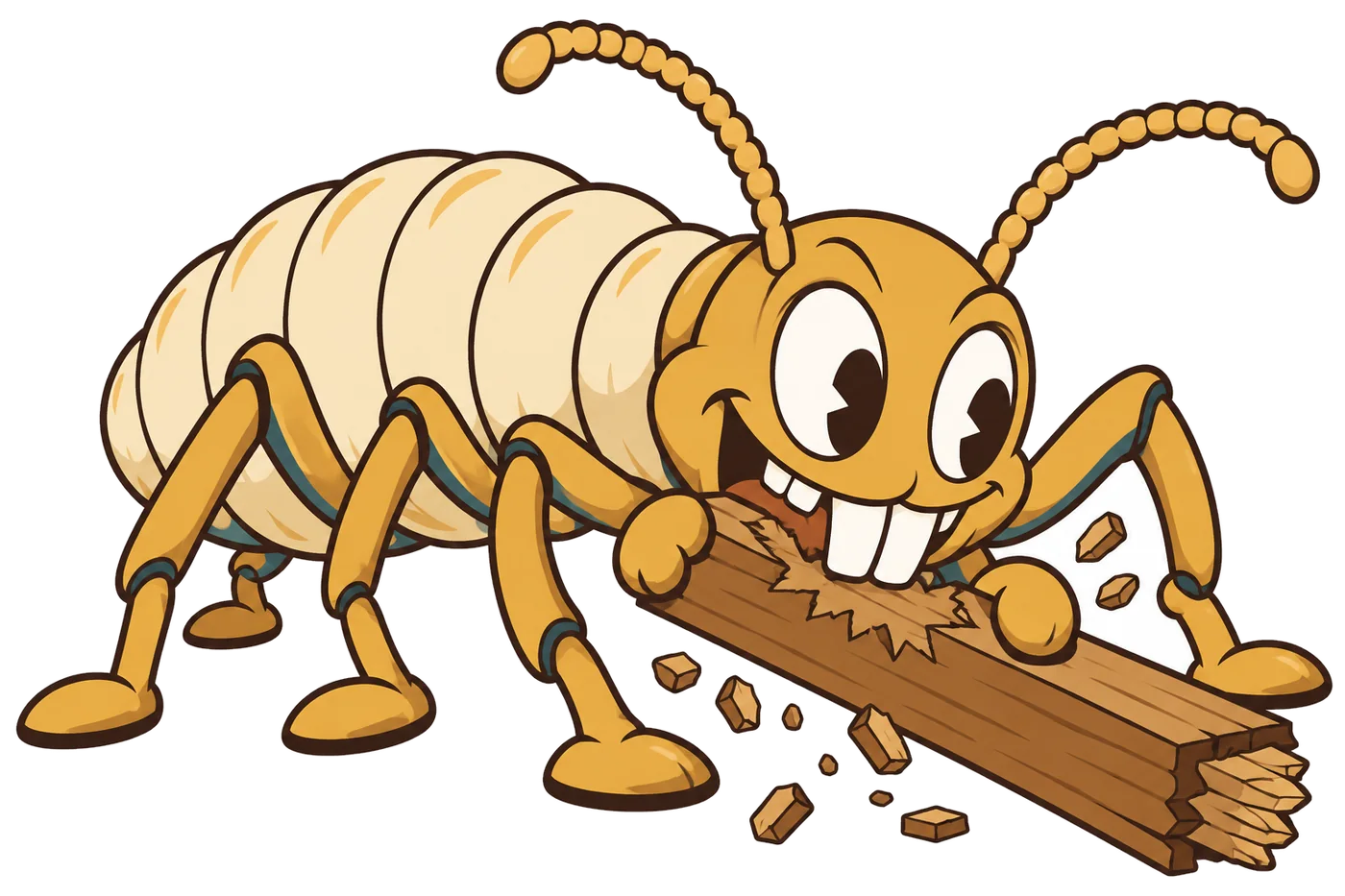 Um cupim gigante de desenho animado roendo uma viga de madeira