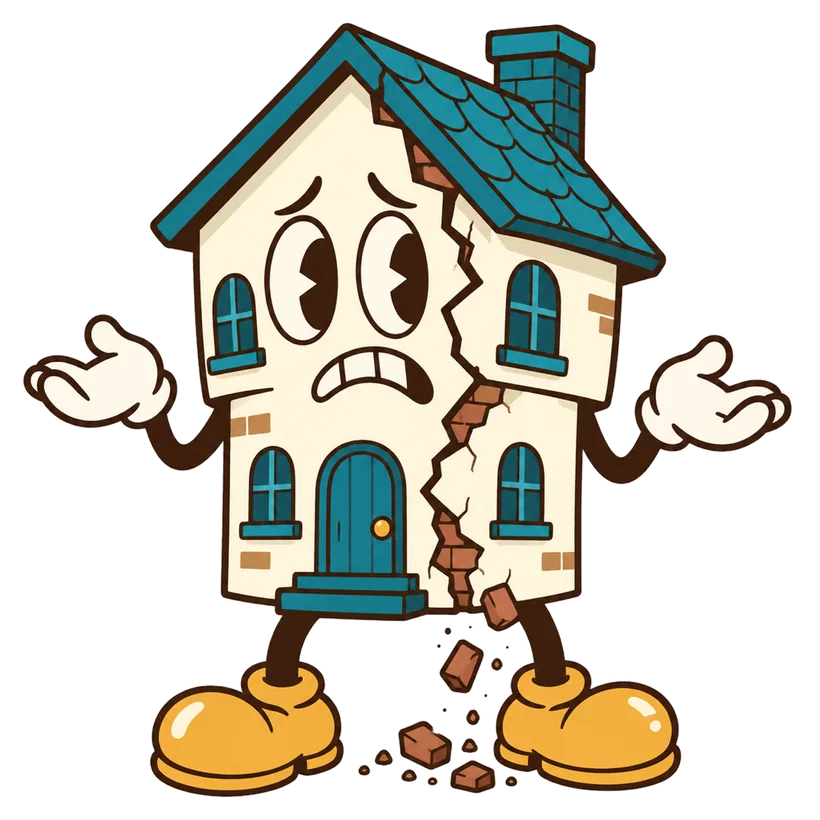 Uma casinha de desenho animado preocupada, com uma rachadura na parede