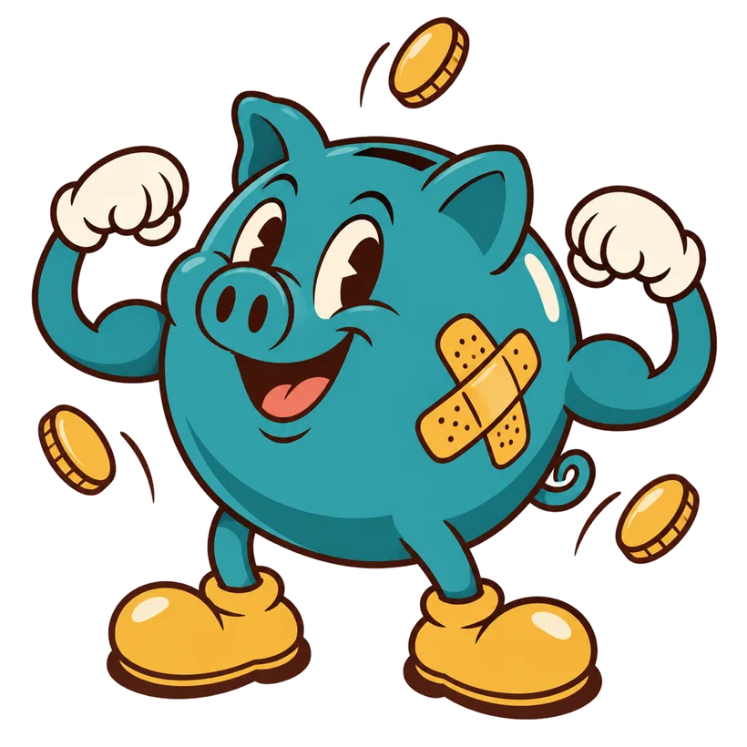 O cofrinho remendado, forte, mostrando os músculos