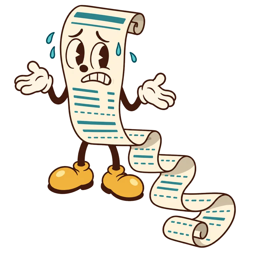 Um boleto de desenho animado suando, com uma fita de papel enorme